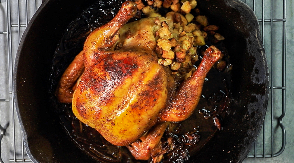 Grilled Whole Chicken with Sausage & Apple Stuffing