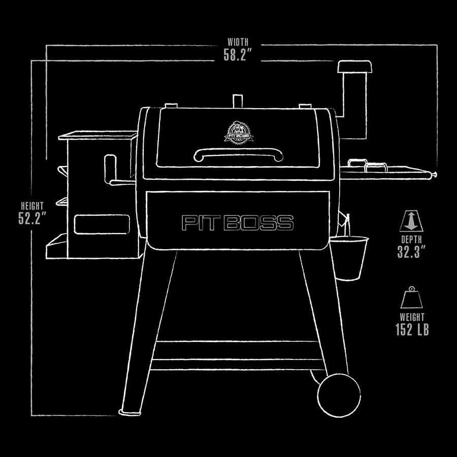 black and white dimension drawings of pit boss sportsman 820 wood pellet grill - exterior cooking dimensions