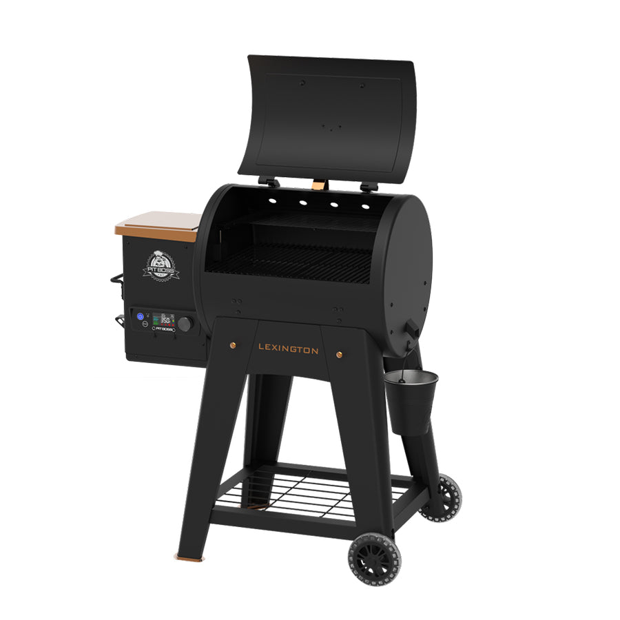 Pit Boss Lexington 500 Wood Pellet Grill. Black with orange accents. Hood open. Side viewpoint