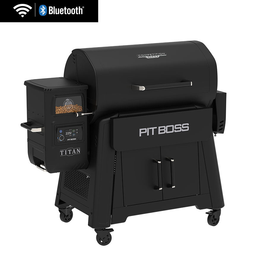pit boss titan wood pellet grill studio angled image. sleep back grill. wifi and bluetooth capability