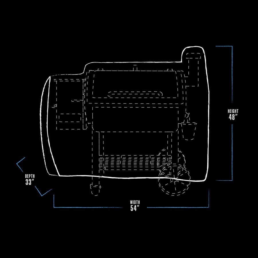 White graphic representation of the exterior dimensions of the grill cover.  