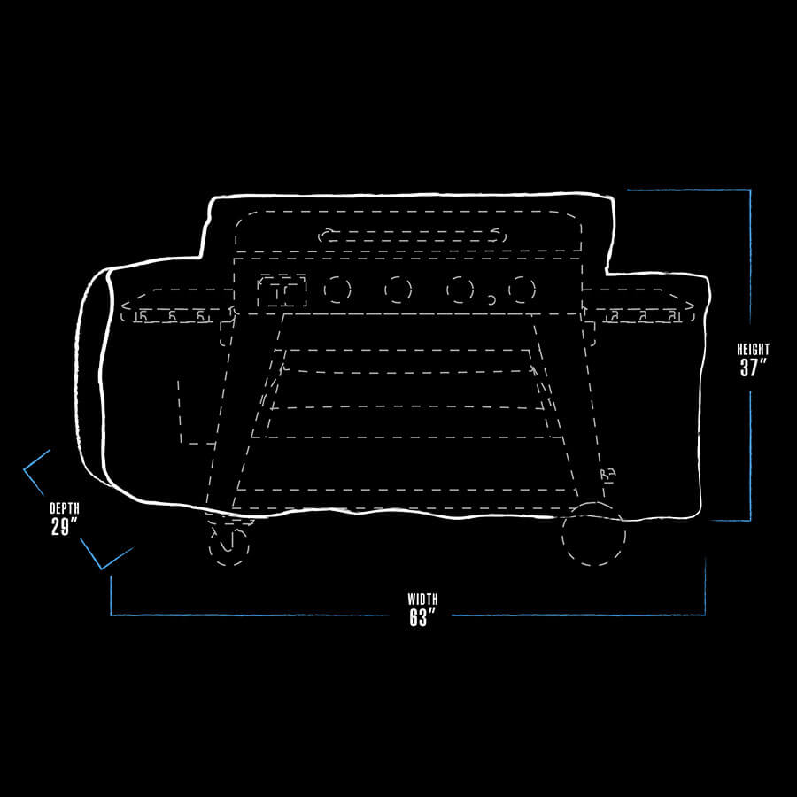 pit boss griddle cover dimension drawing, black and white with blue accents. measure 63" x 29" x 37"