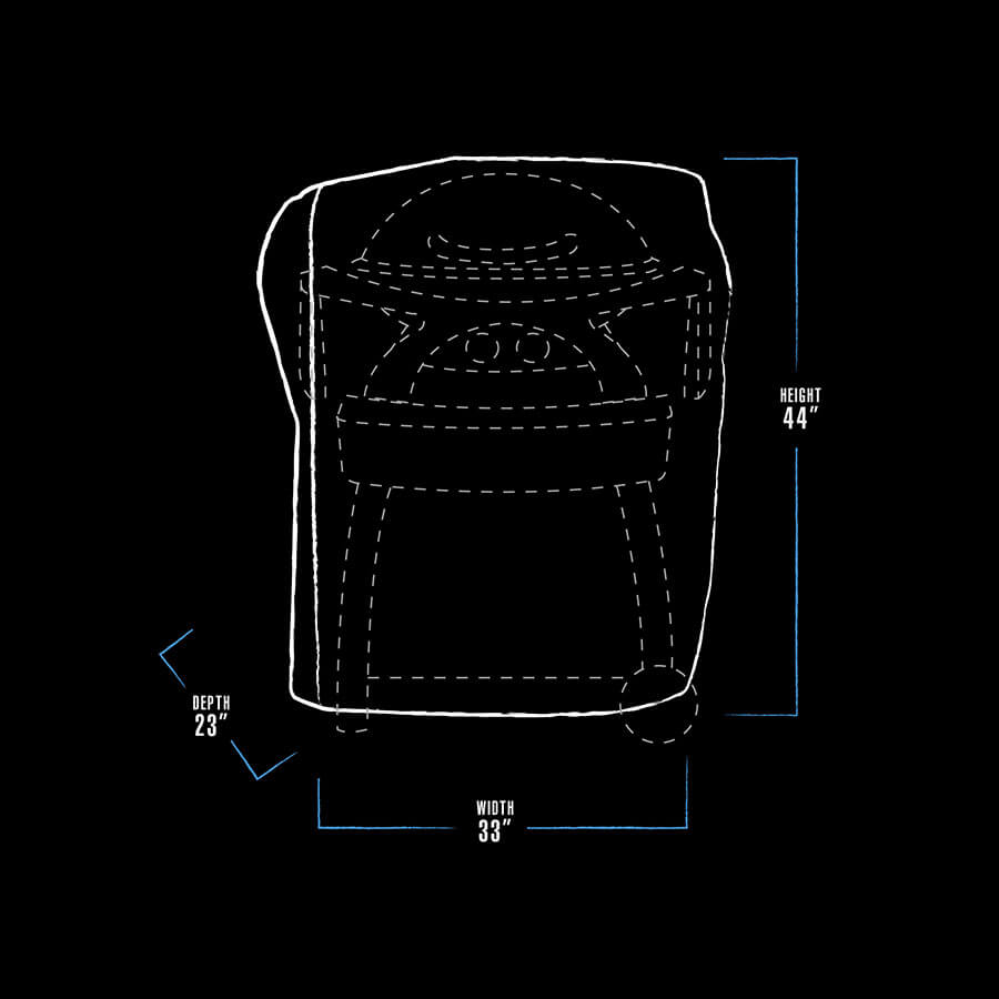 White and blue graphic representation of the exterior dimensions of the grill cover.  