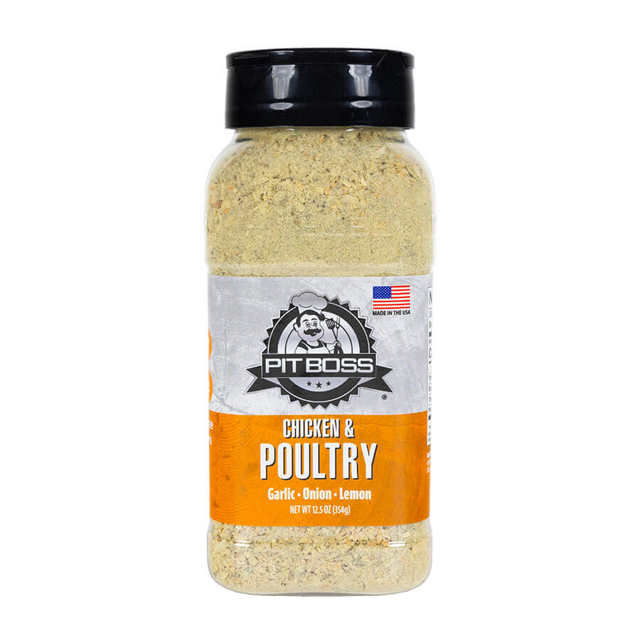 Pit Boss chicken and poultry BBQ spice rub in yellow and white labeled spice container