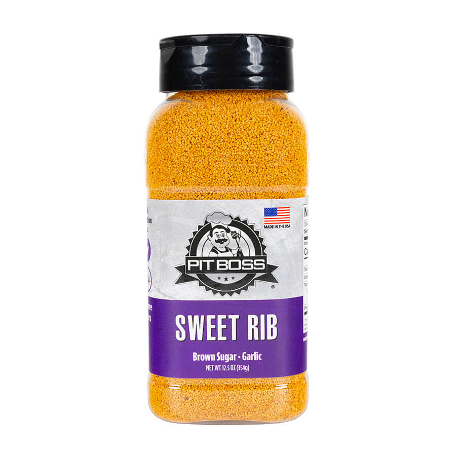 Pit Boss Sweet Rub BBQ Spice Rub - purple and white spice label on plastic container
