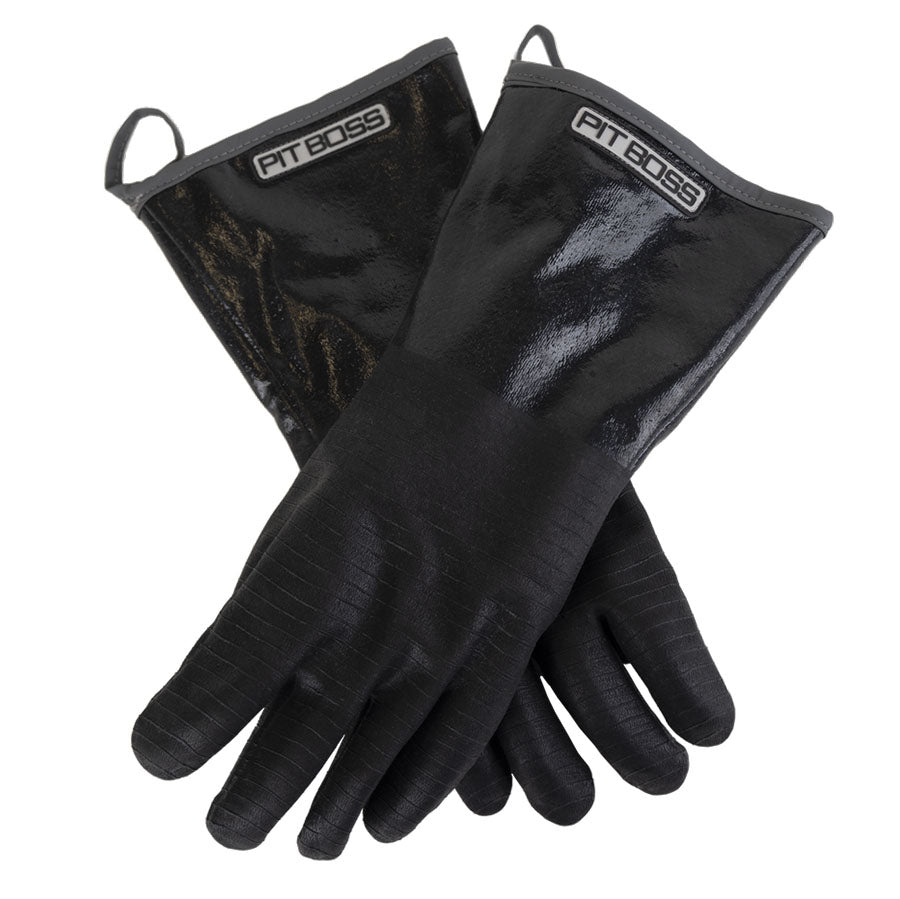 Insulated Nitrile BBQ Gloves. Black gloves with white Pit Boss name at top.