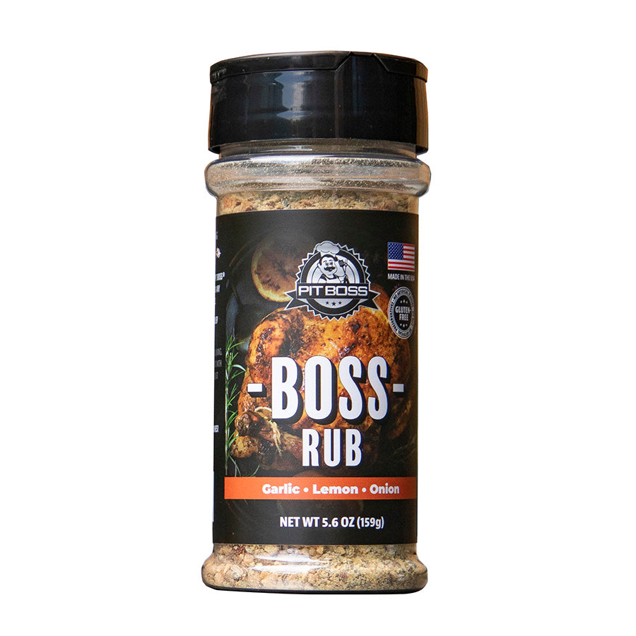 Pit Boss 5.6 oz Boss Rub. Black label with orange strip. Made in the USA.