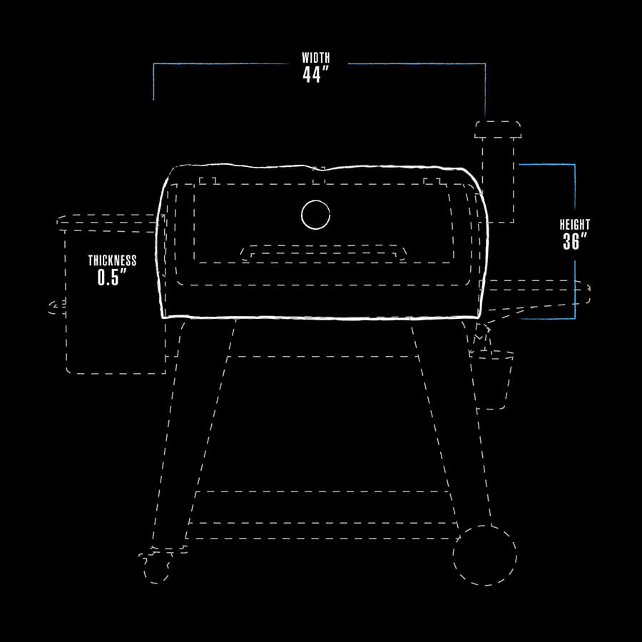 black and white dimension drawing for grill insulated blanket. measures 44" x 36" x .5"