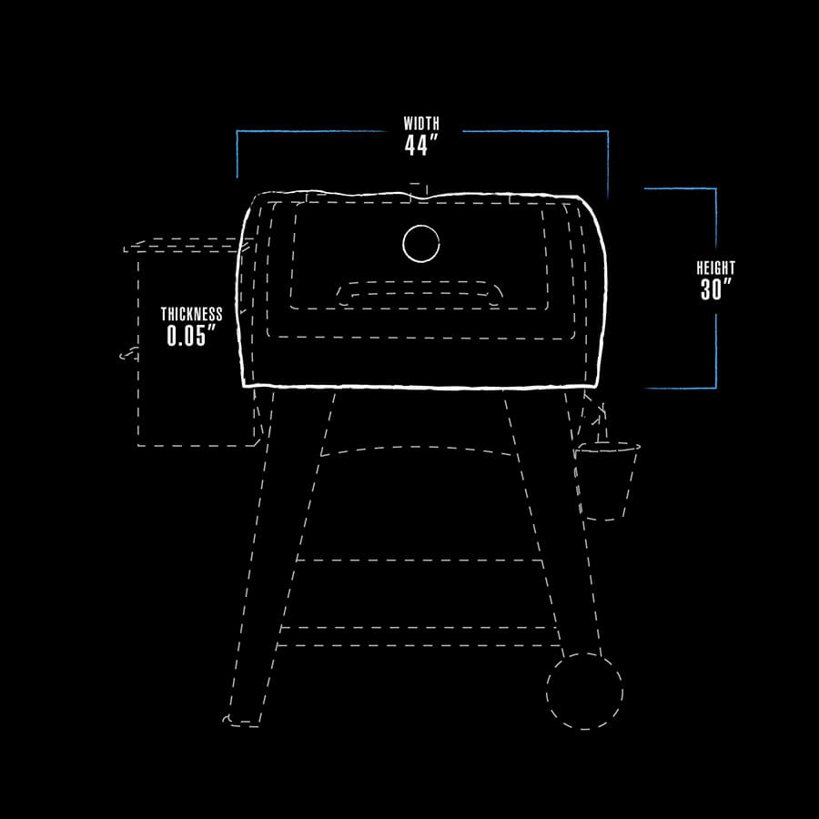 black and white dimension drawing for bbq insulated grill blanket. measures 44" x 30" x .05"