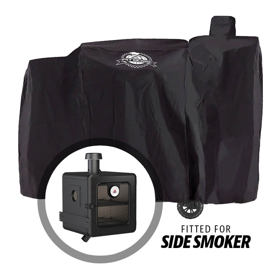 all black bbq grill cover with white pit boss logo. cover also fits pit boss side smoker box