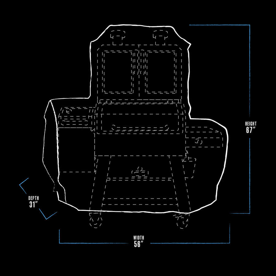 black and white line drawing of pit boss lockhart combo grill cover with blue line accents. measures 56 x 31" x 67"