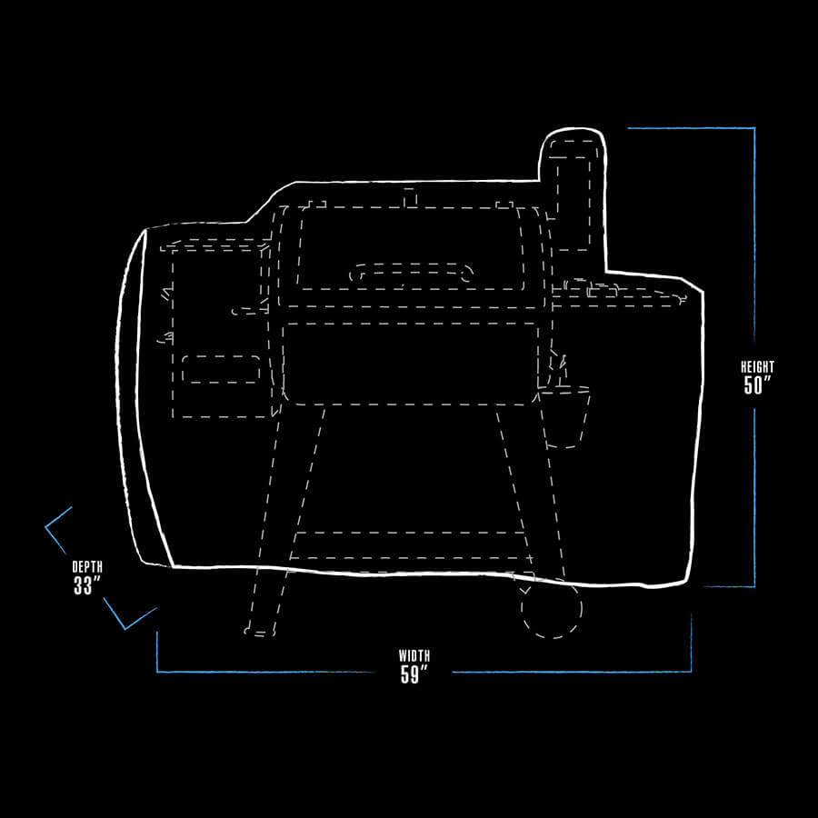 black and white dimension drawing with blue line accents. bbq grill cover measures 59" x 33" x 50"