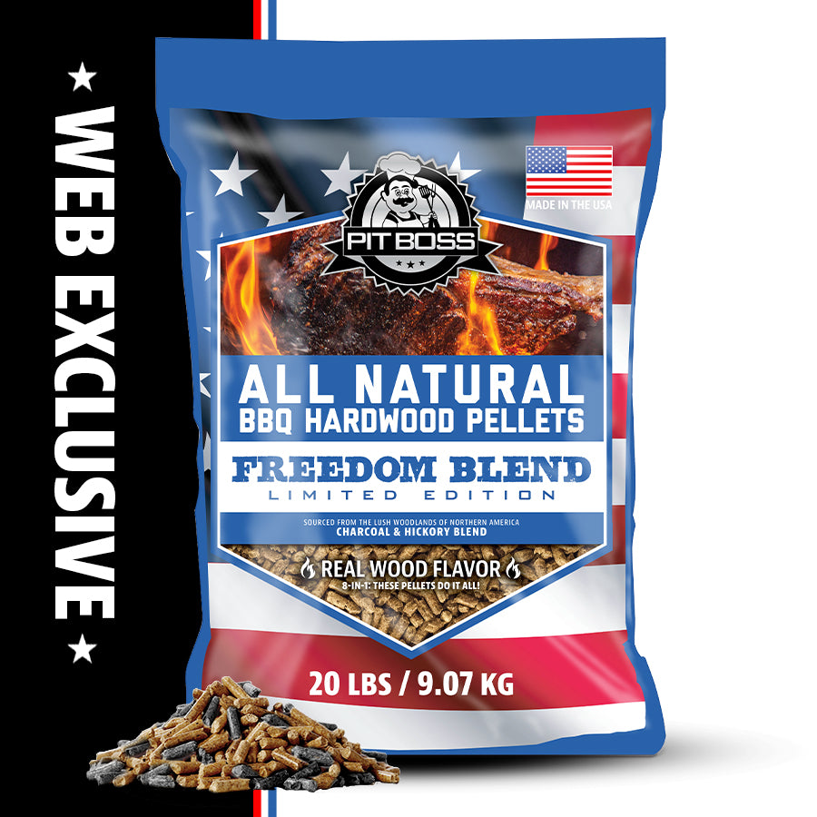 Pit Boss 20 lb Freedom Blend Hardwood Pellets. American flag background with blue and white font on bag. Made in the USA.