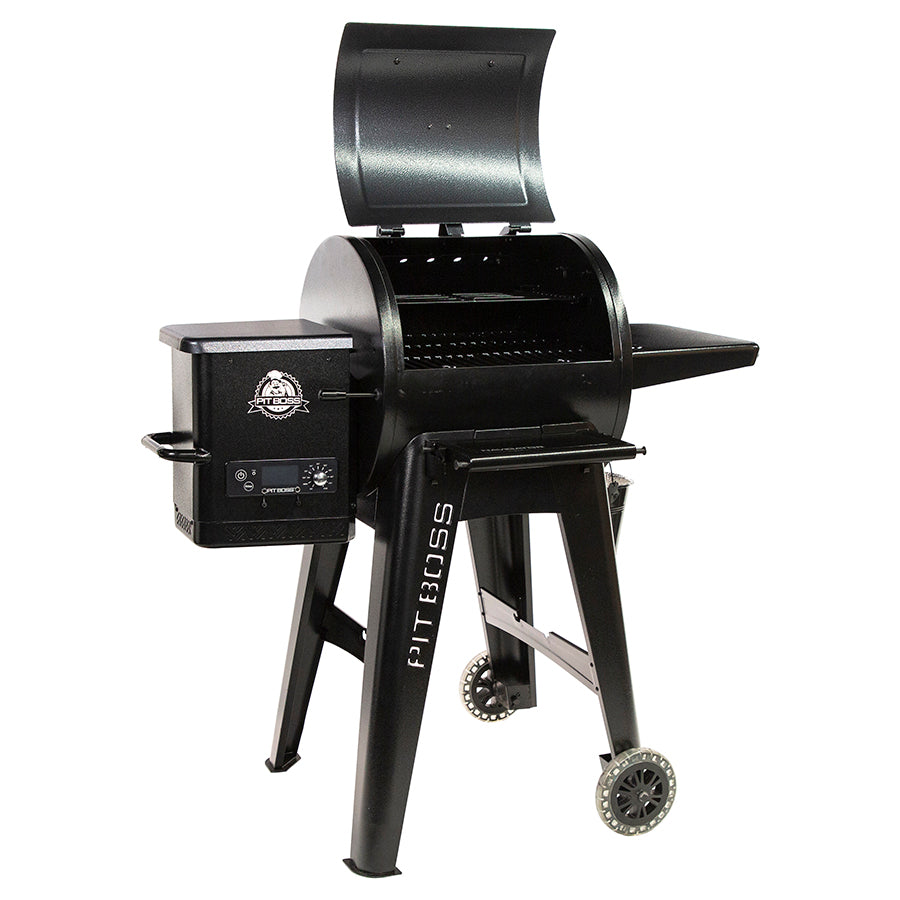 black grill with white pit boss logo on front. Side angle view, grill hood open