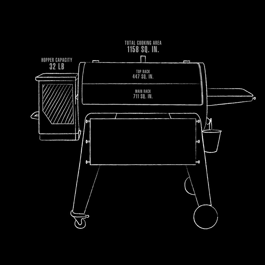black and white line drawing of interior grill domensions