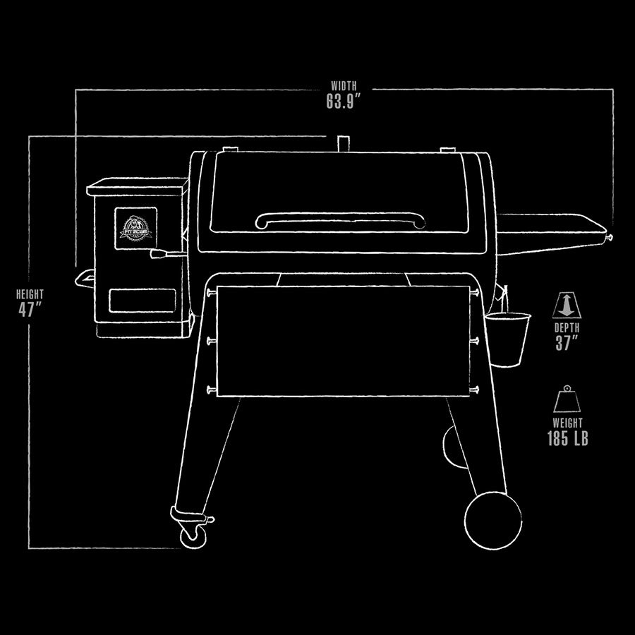 black and white line drawing of exterior grill dimensions