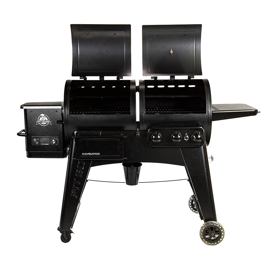 lifestyle_1, Black grill with small Pit Boss logo. Both grill hoods open