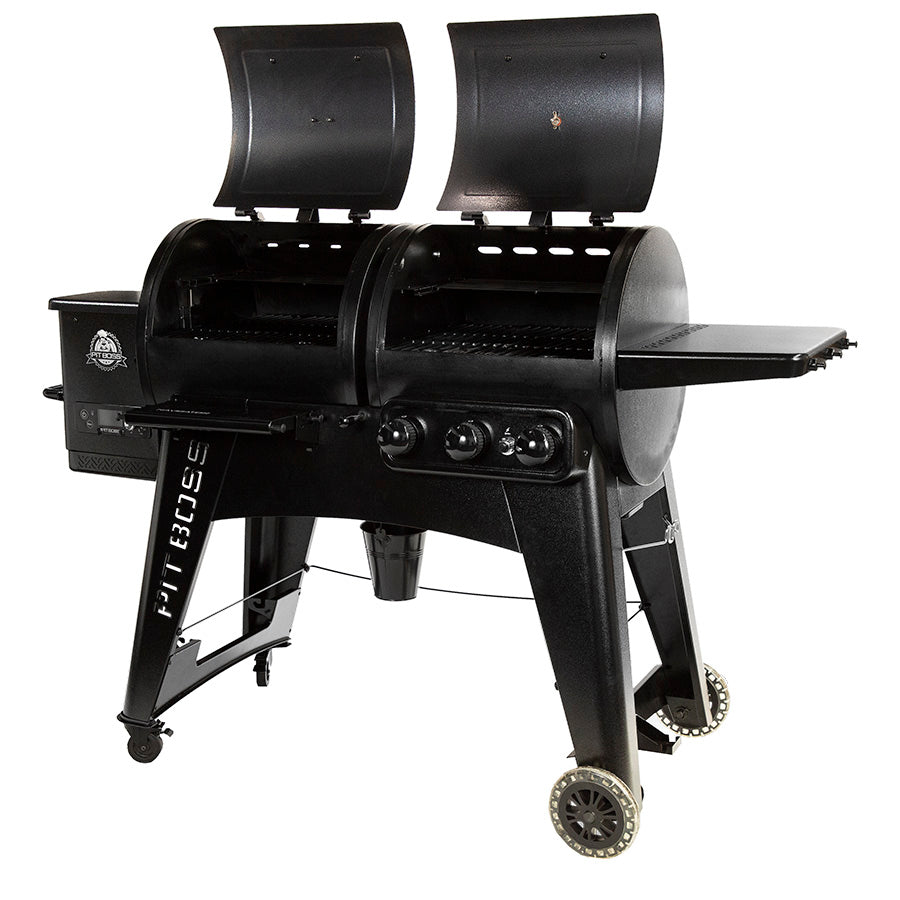 lifestyle_2, Black grill with small Pit Boss logo. both grill hoods open. Side angle view