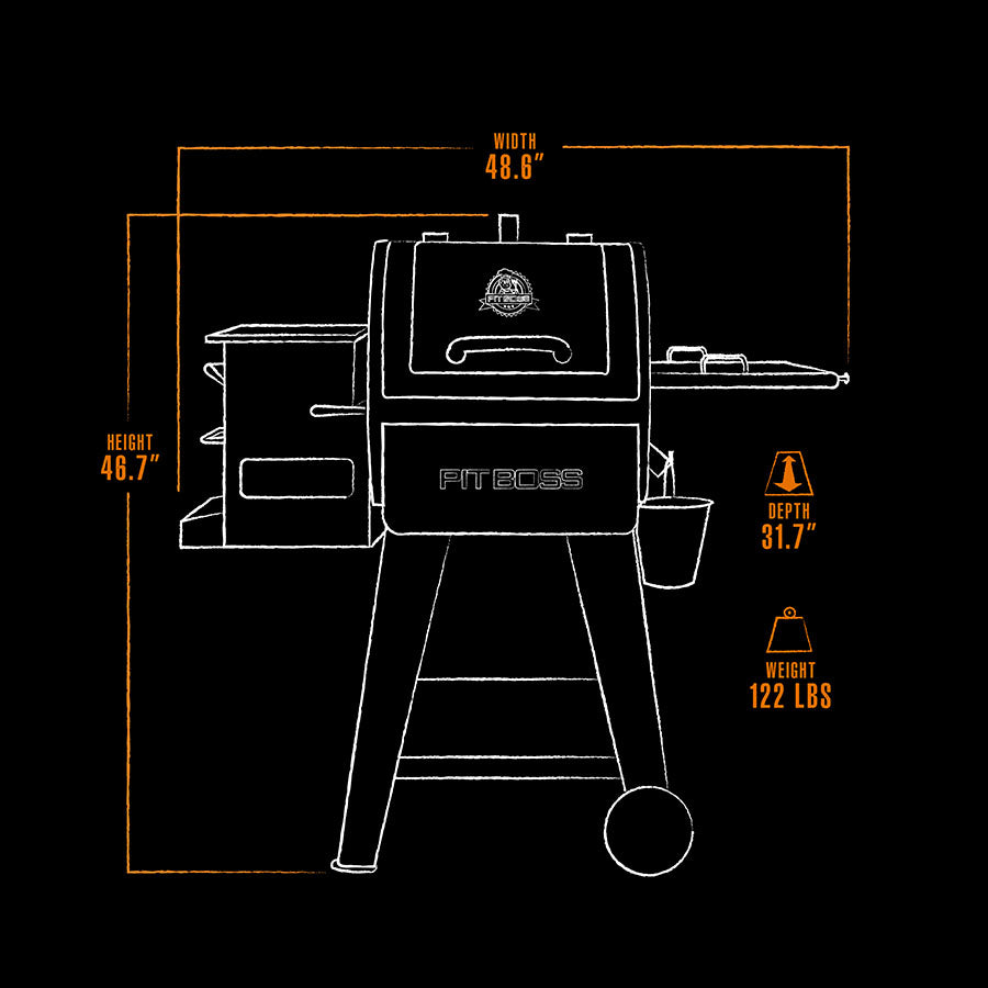 orange and white drawing on black background of exterior dimensions of grill