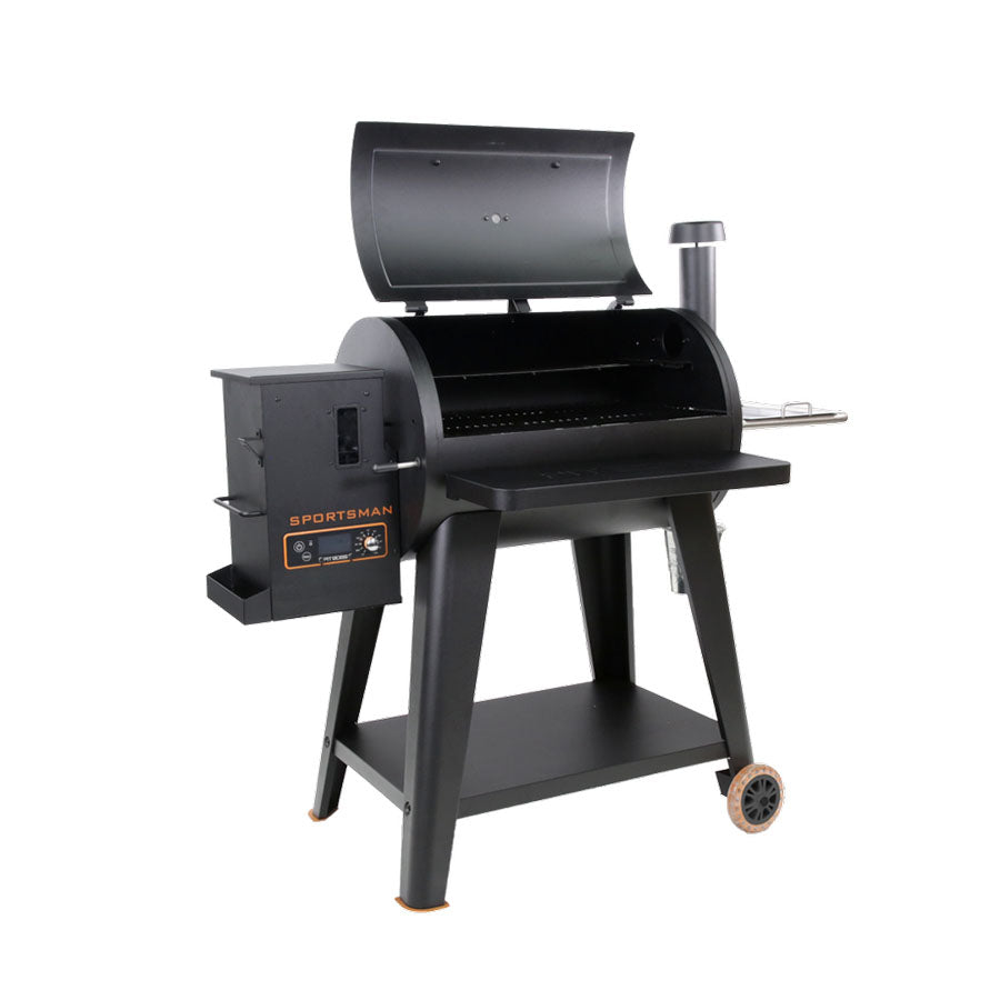 black grill with orange and silver accents. side angle view, grill hood open