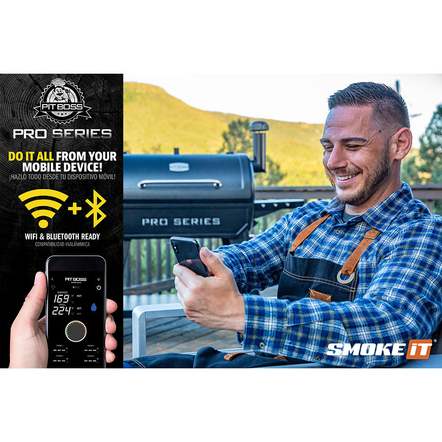Pro Series wifi and bluetooth description overlayed an image of man holding his phone in front of grill