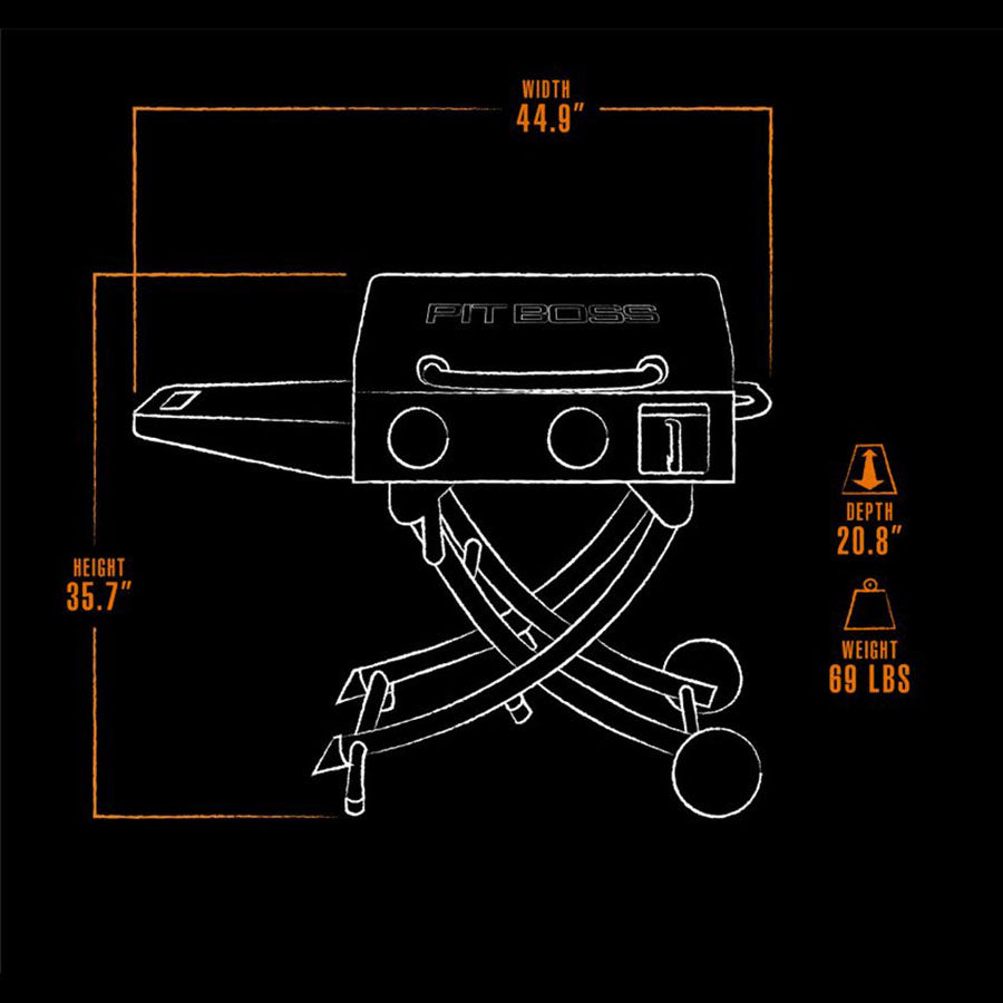 white and orange drawing of exterior griddle dimensions on black background
