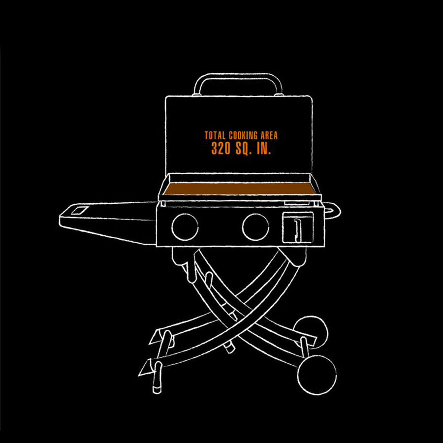 white and orange drawing of interior dimensions of griddle on black background
