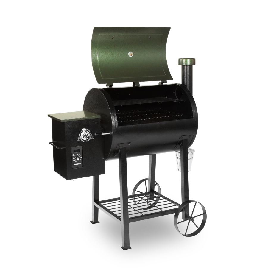 lifestyle_2, Dark green and black grill with silver accents and Pit Boss logo Side angle view. Grill hood open.