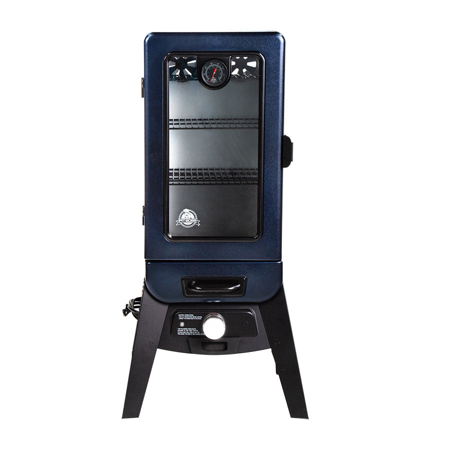 blue and black vertical smoker with clear glass window on front