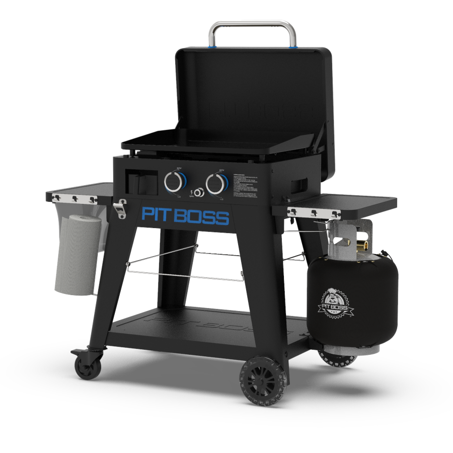 lifestyle_2, Black griddle with blue and silver accents. Large blue "Pit Boss" logo across front. Side angle view. Grill hood open