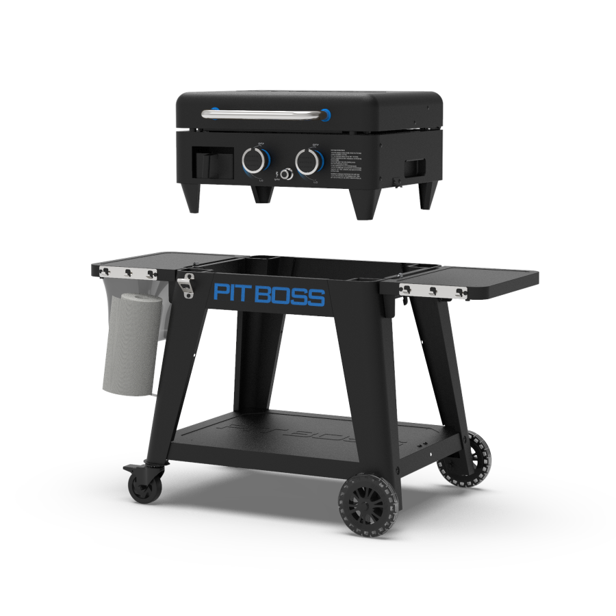 lifestyle_3, Black griddle with blue and silver accents. Large blue "Pit Boss" logo across front.  Top griddle portion shown 'lifted-off' the cart for portable function