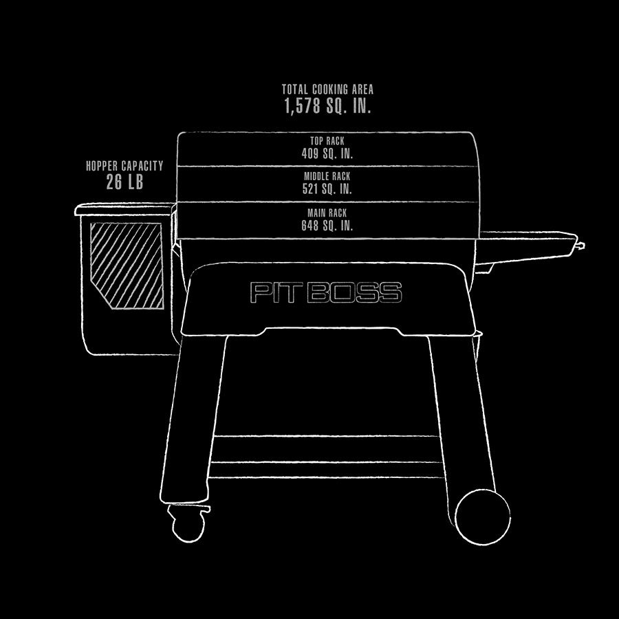 black and white line drawing of grill that shows interior dimensions