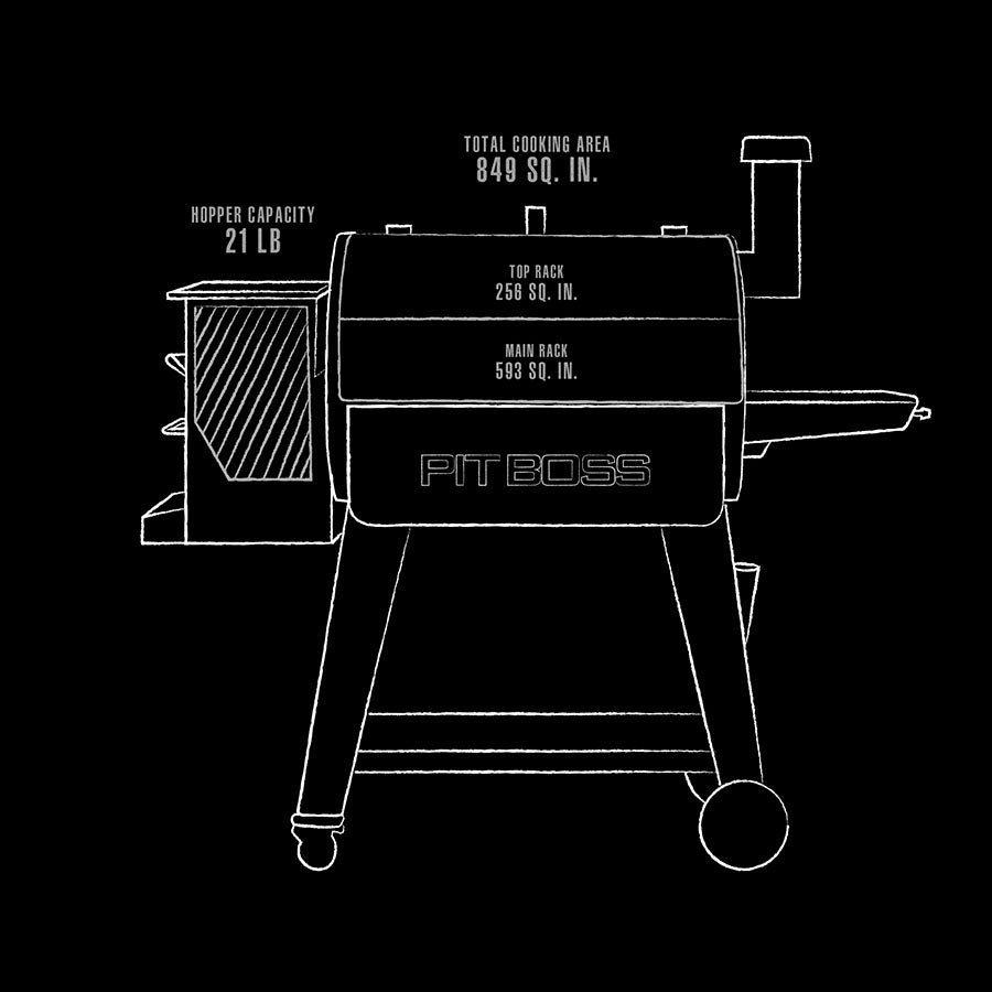 black and white line drawing of grill showing interior dimensions