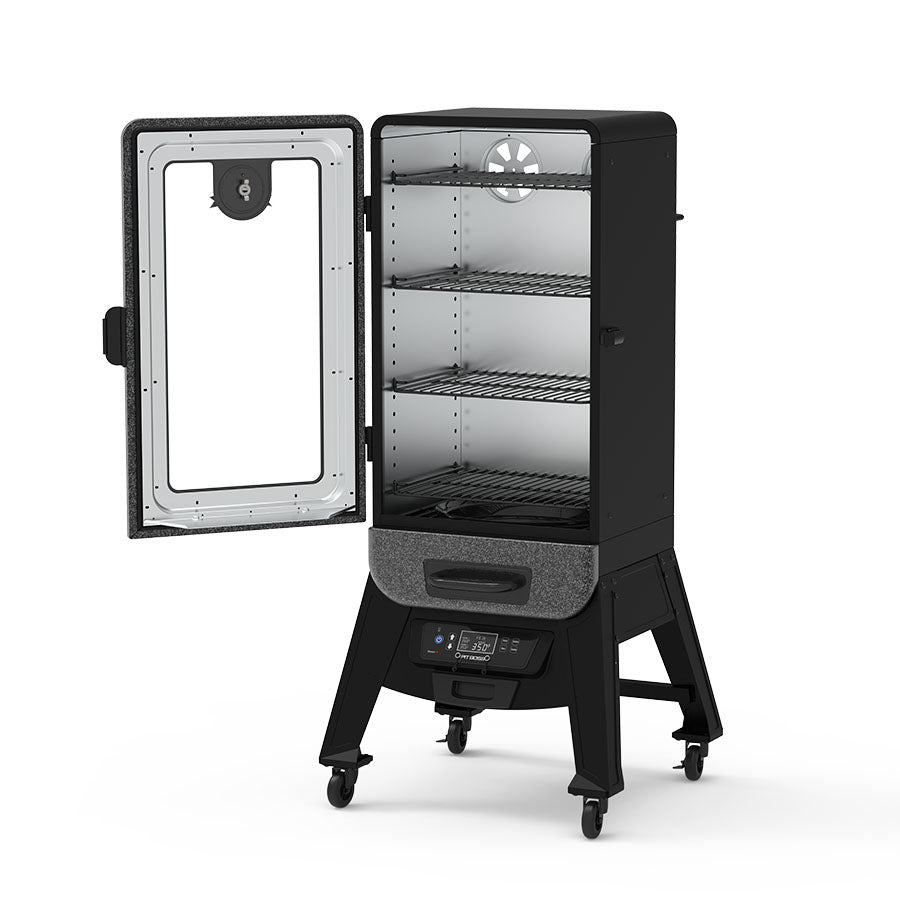 Side view of the vertical smoker. Open glass door with four racks being displayed. Black wheels.