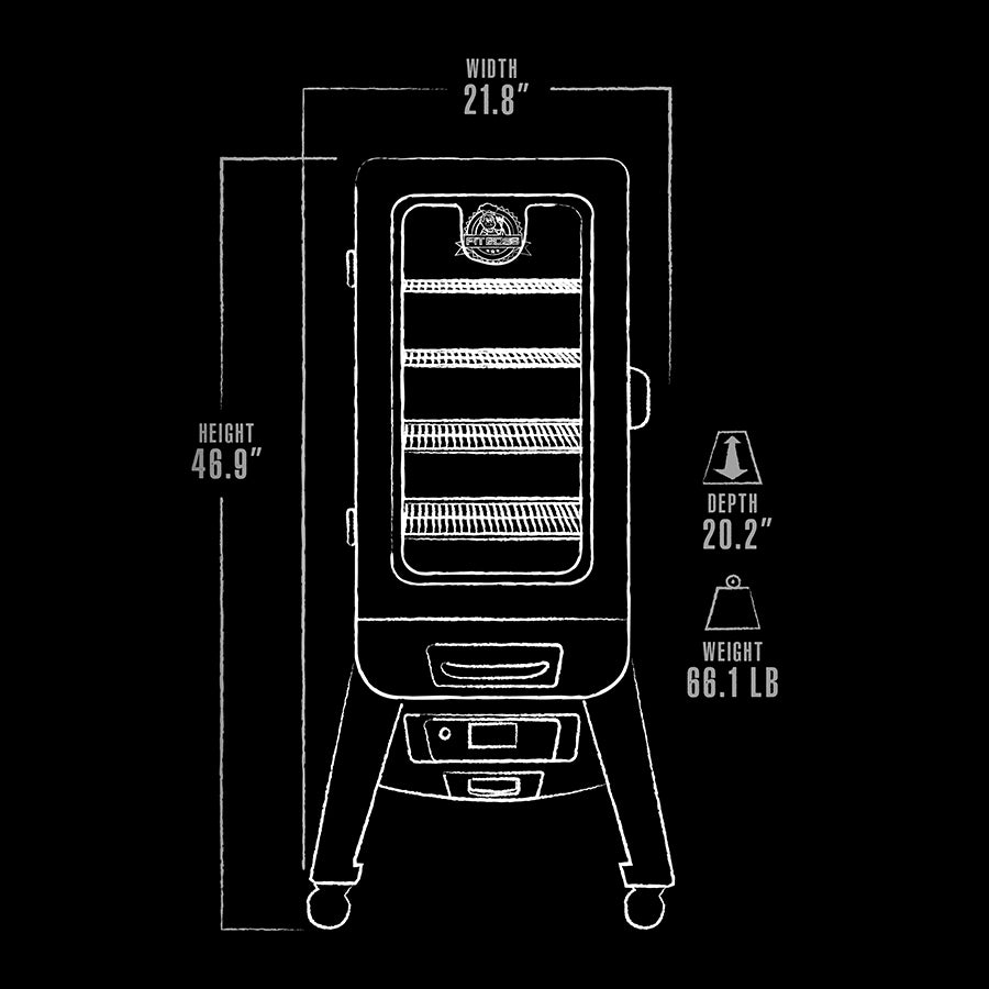 White graphic representation of the exterior dimensions of the smoker.  