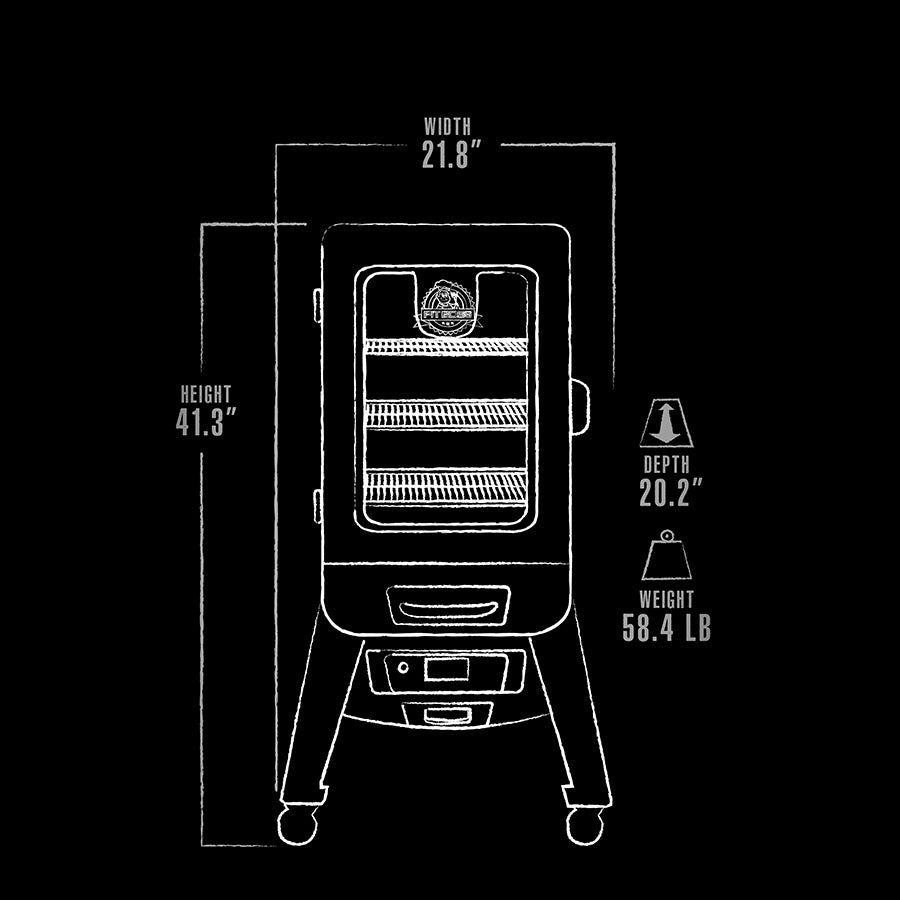 Pit Boss 2-Series Digital Vertical Smoker, Silver Hammertone exterior dimensions drawing, black and white linework