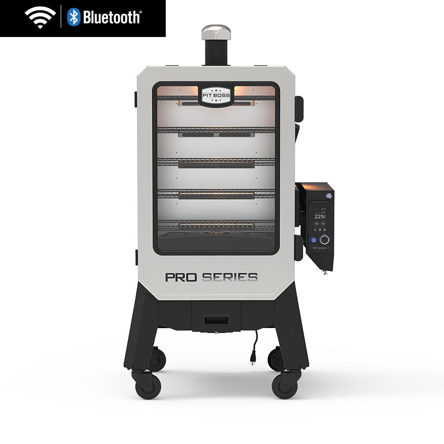 Black Pit Boss smoker with white accents. Pit Boss logo on front . Frive smoking racks inside.