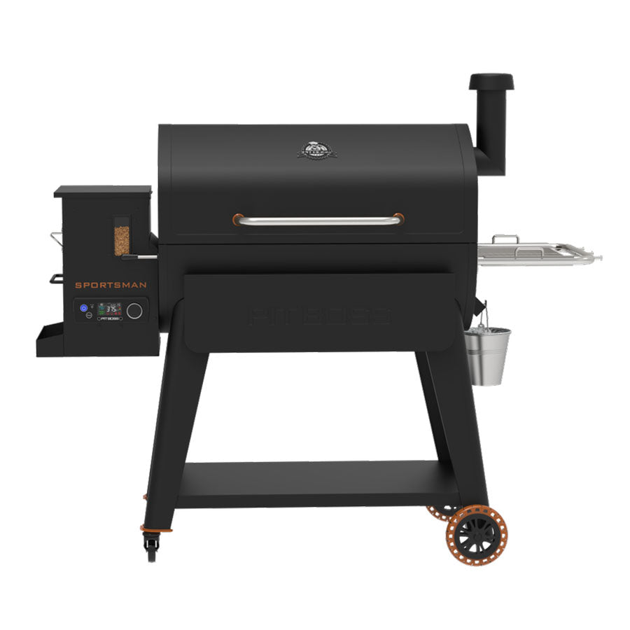 Pit Boss Sportsman 1600 Wood Pellet Grill. Side table displayed. Orange accents