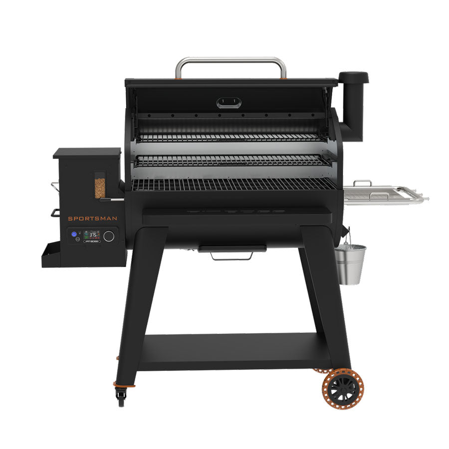 Pit Boss Sportsman 1600 Wood Pellet Grill. Grill hood open.