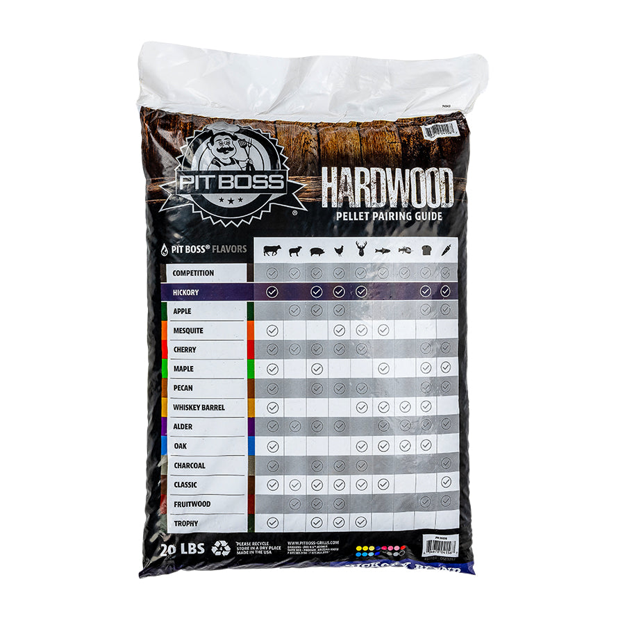 lifestyle_1, Back of pellet bag. "hardwood pellet pairing guide" chart of flavors