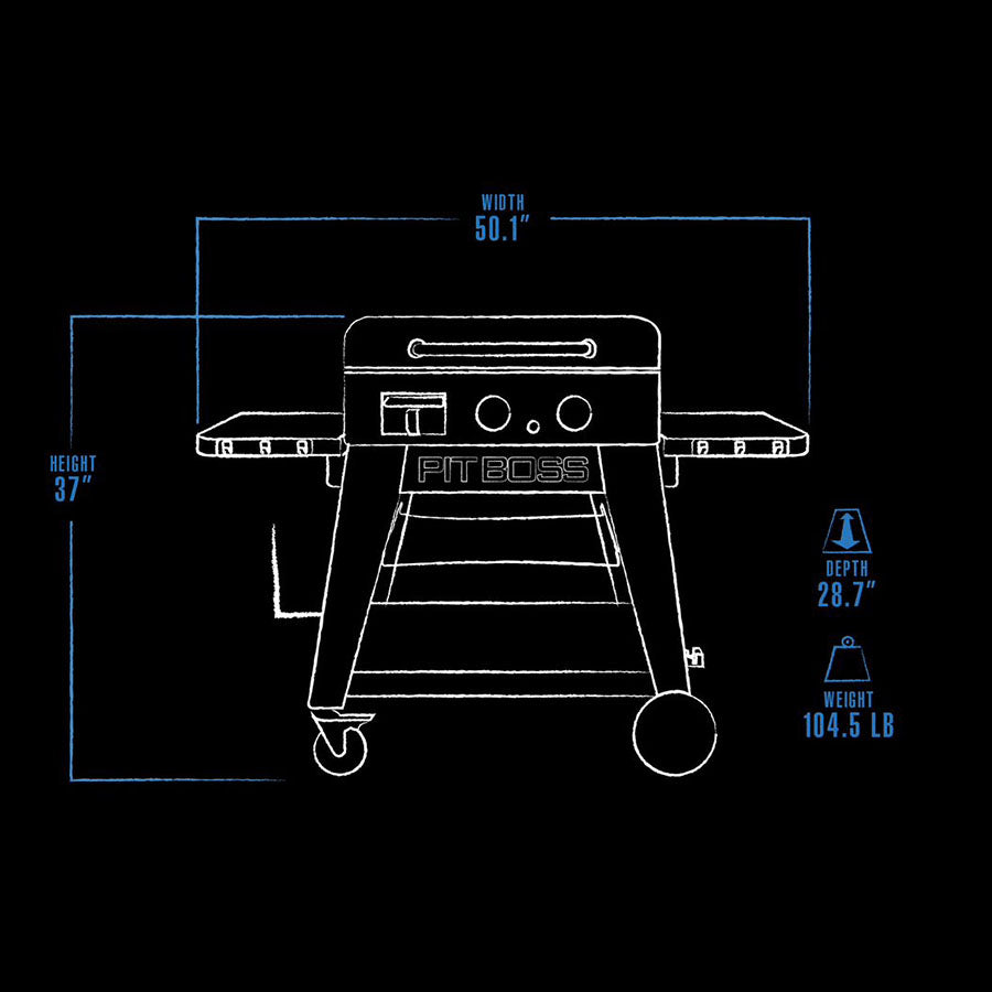 blue and white line drawing of griddle that shows exterior dimensions. black background