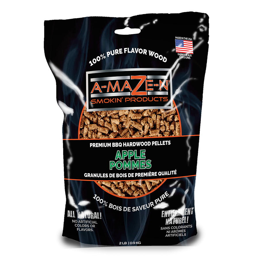 2 LB 100% Apple BBQ Pellets in black bag with red white and green lettering