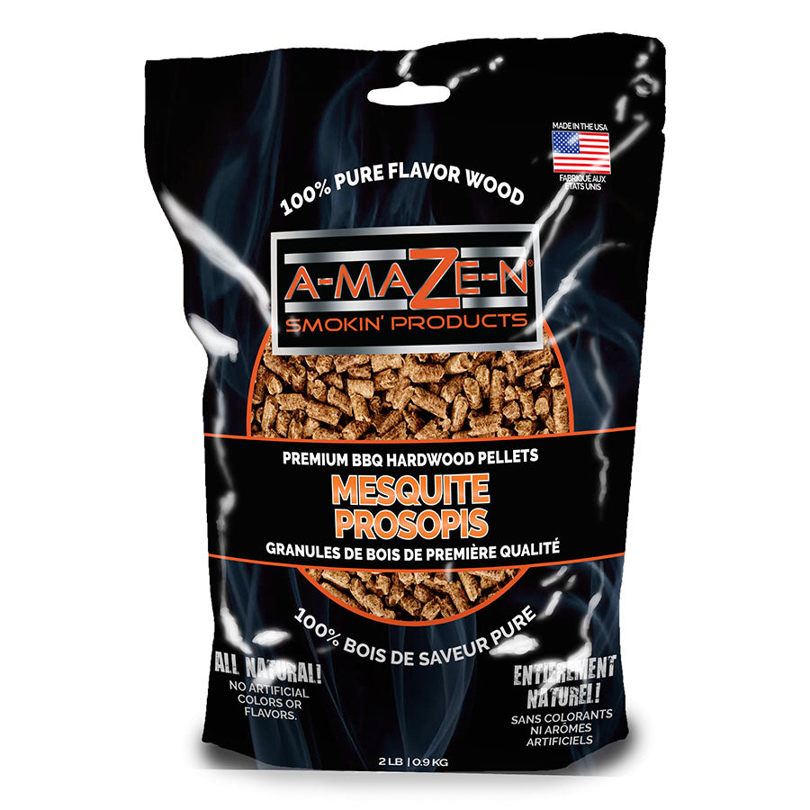 A-MAZE-N mesquite pellets in 2lb black bag with red, white and orange lettering