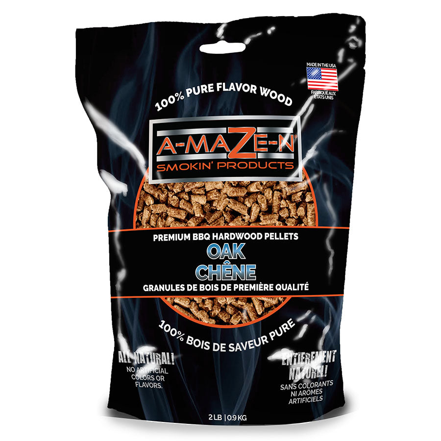 A-MAZE-N oak pellets in 2lb black bag with red white and light blue lettering