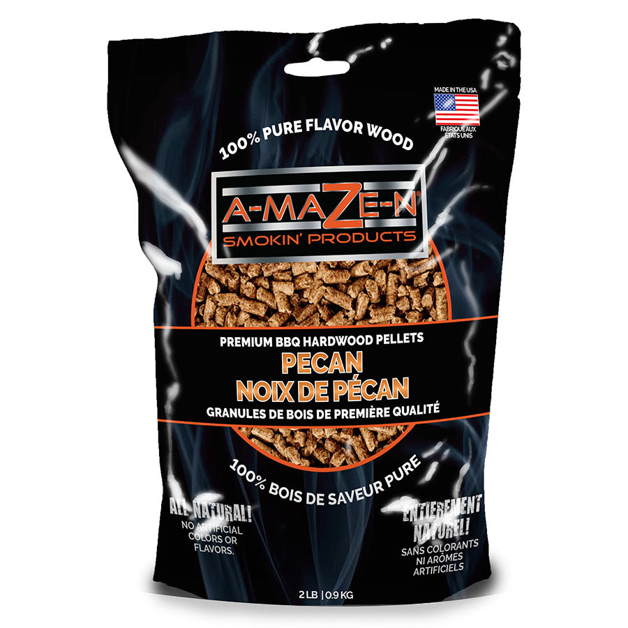 a-maze-n pecan pellets in 2lb black bag with white and orange lettering