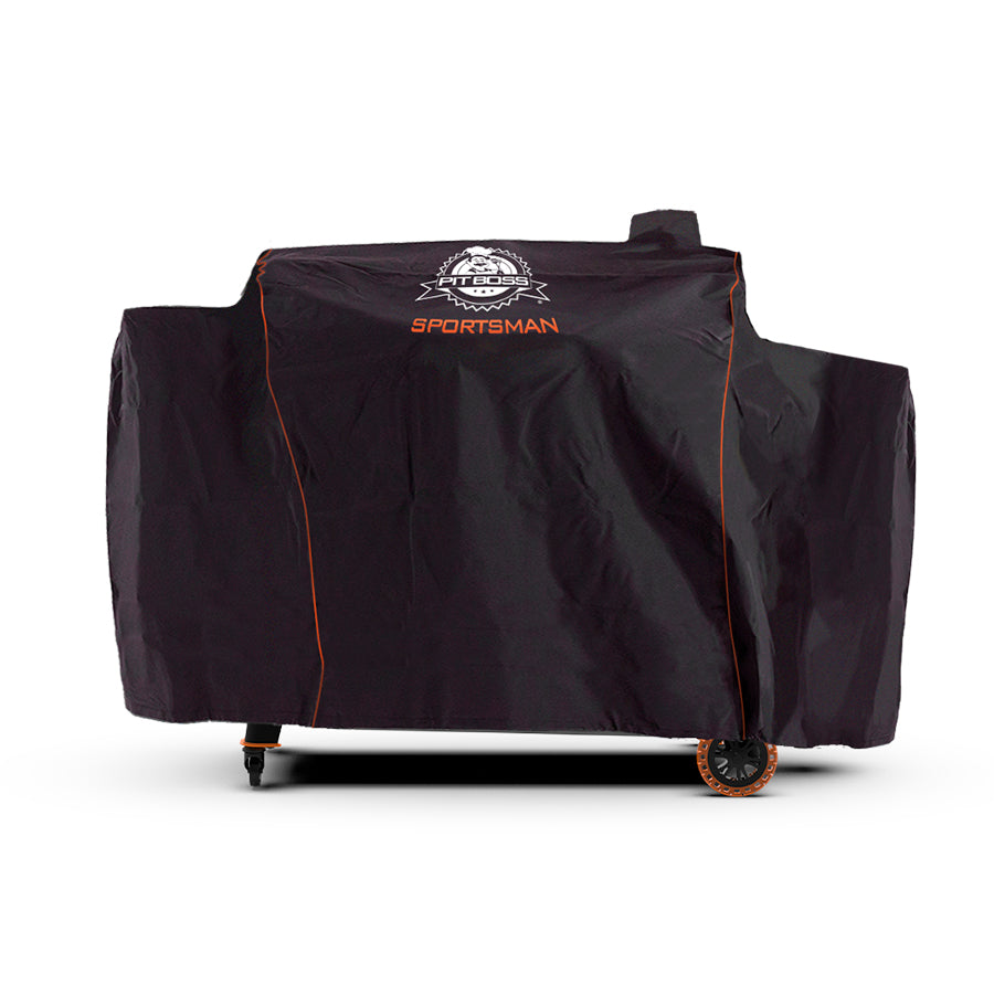 All black grill cover with white pit boss logo, orange accents and sportsman lettering logo