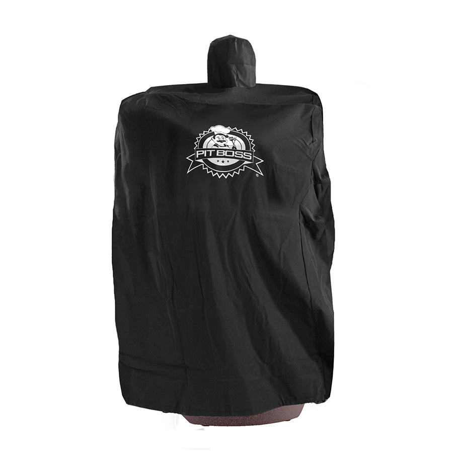 Charcoal Barrel Smoker Cover. Black cover with Pit Boss large logo.