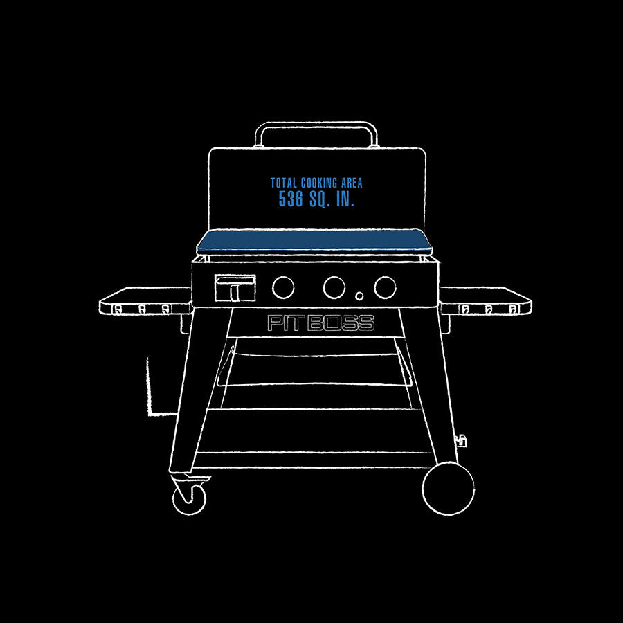 blue and white interior dimension line drawing of griddle. black background