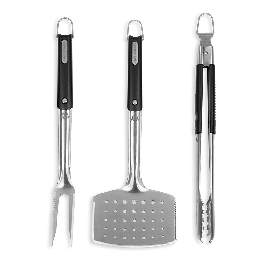 Silver utensils with black handles and small pit boss logos with 'pro series' lettering