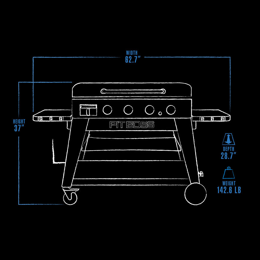 blue and white exterior dimensions line drawings of griddle. black backgorund